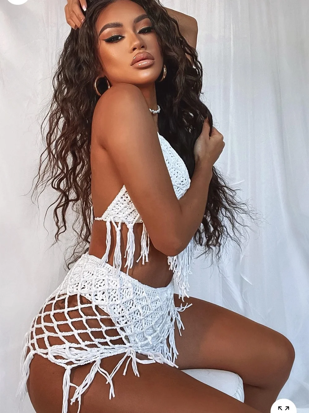 White Crochet Fringe Two-Piece Swim Set - Women